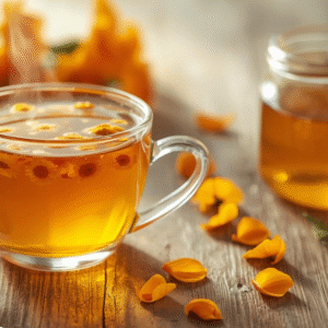 Cup of herbal tea with petals
