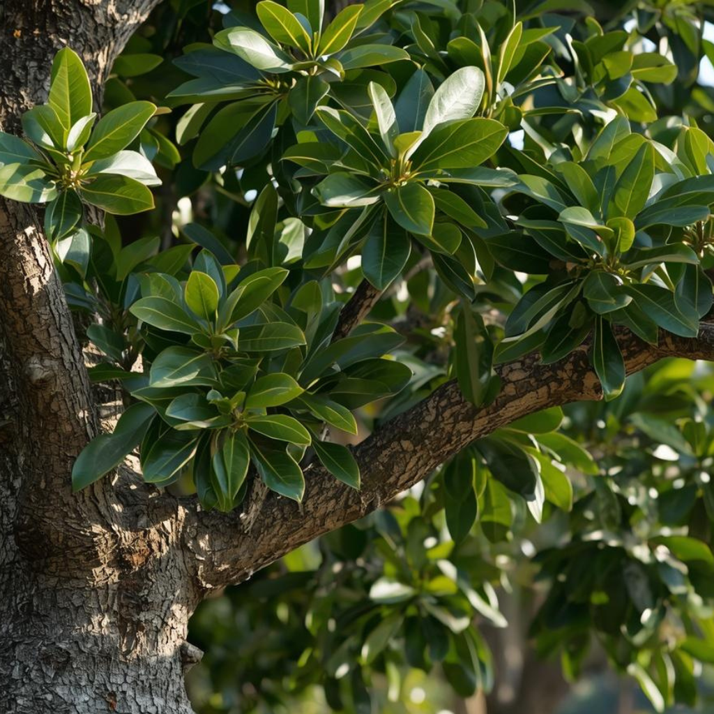 Lush green Bay leaf tree with thick leaves